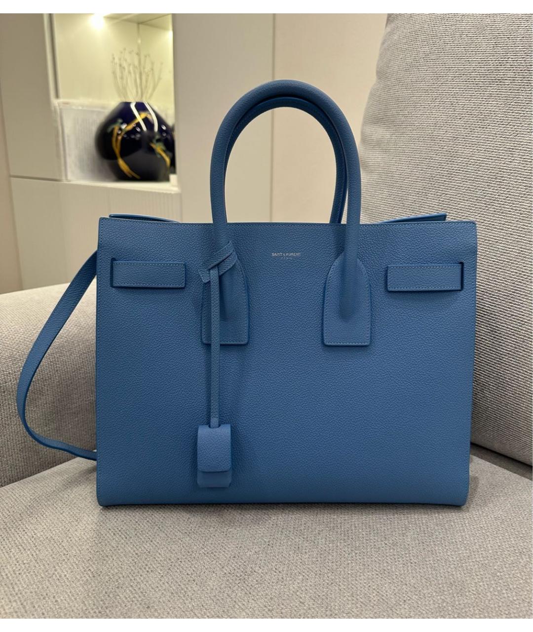 SAINT LAURENT Голубая кожаная сумка с короткими ручками, фото 5
