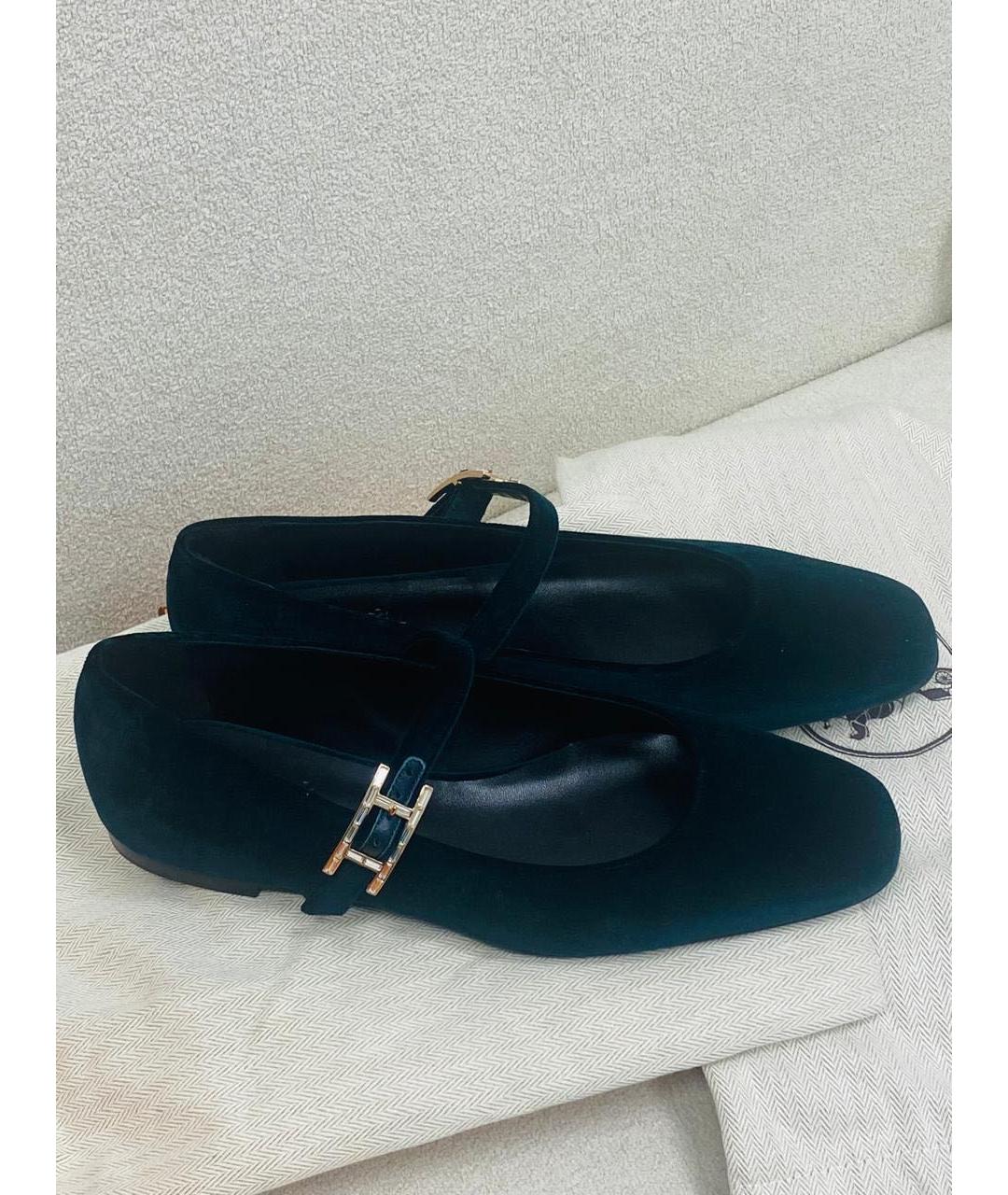HERMES Зеленые бархатные лодочки на низком каблуке, фото 3