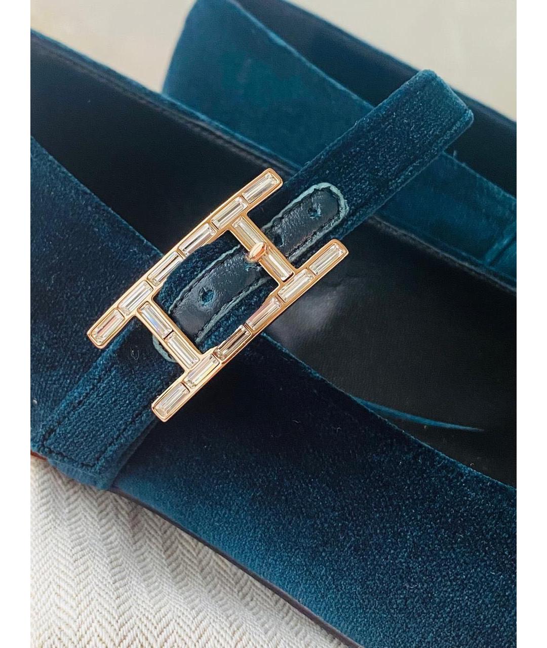 HERMES Зеленые бархатные лодочки на низком каблуке, фото 2