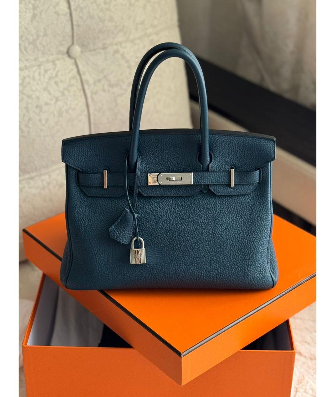 HERMES Темно-синяя кожаная сумка с короткими ручками, фото 9