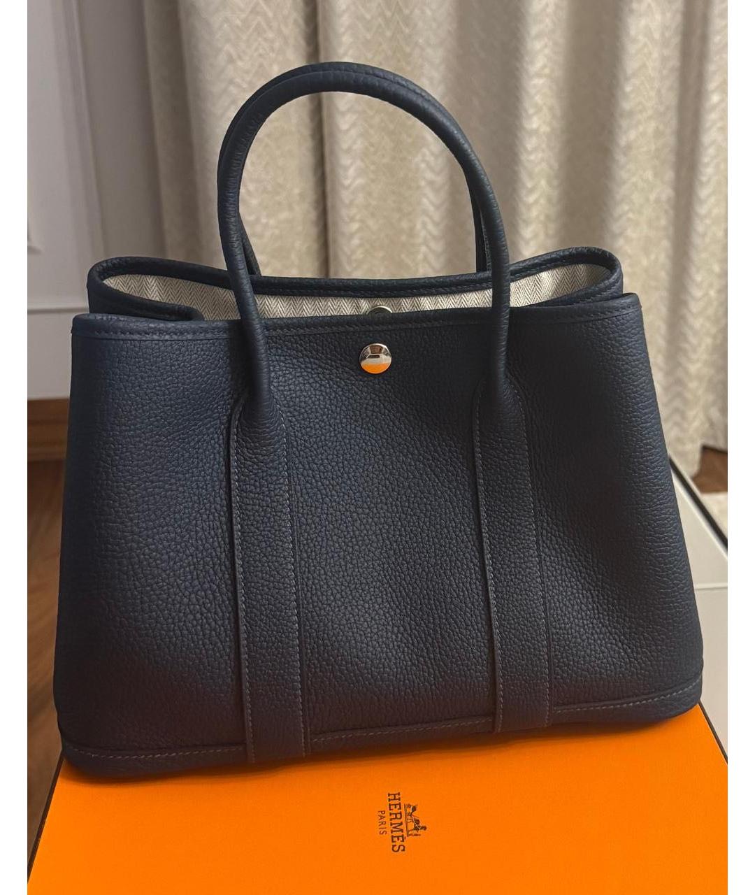 HERMES Темно-синяя кожаная сумка тоут, фото 5