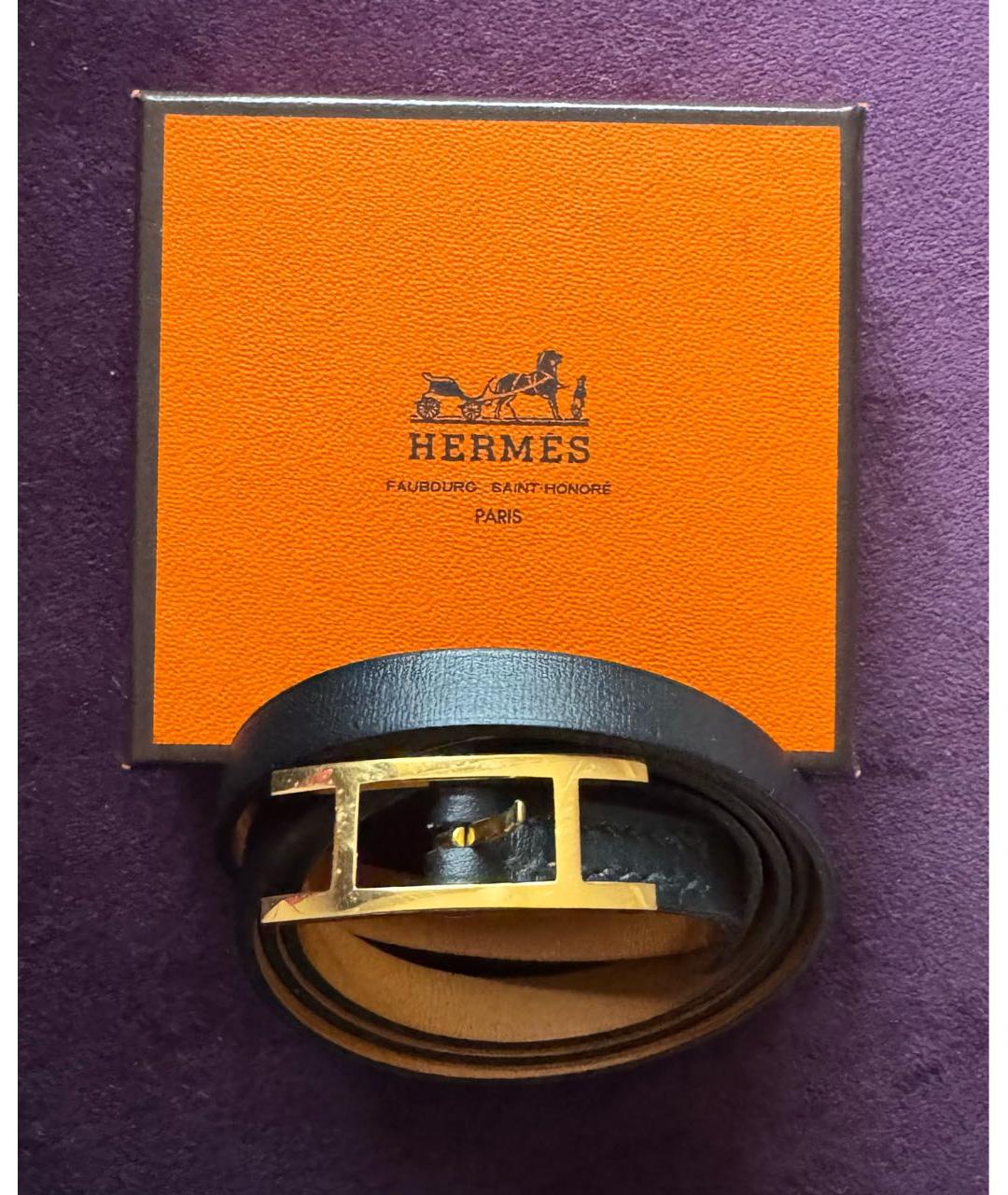 HERMES Черный кожаный браслет, фото 5
