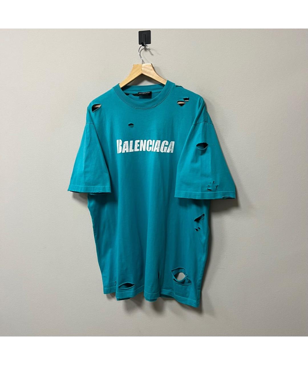 BALENCIAGA Бирюзовая хлопковая футболка, фото 2