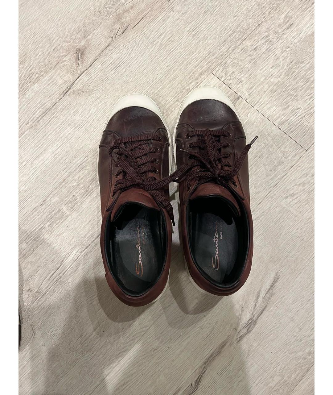 SANTONI Коричневые кожаные низкие кроссовки / кеды, фото 3