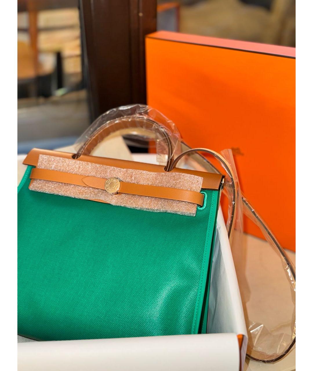 HERMES Зеленая тканевая сумка с короткими ручками, фото 6