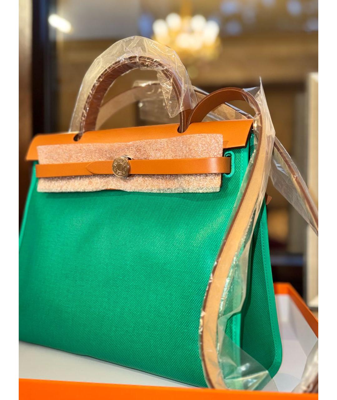 HERMES Зеленая тканевая сумка с короткими ручками, фото 7