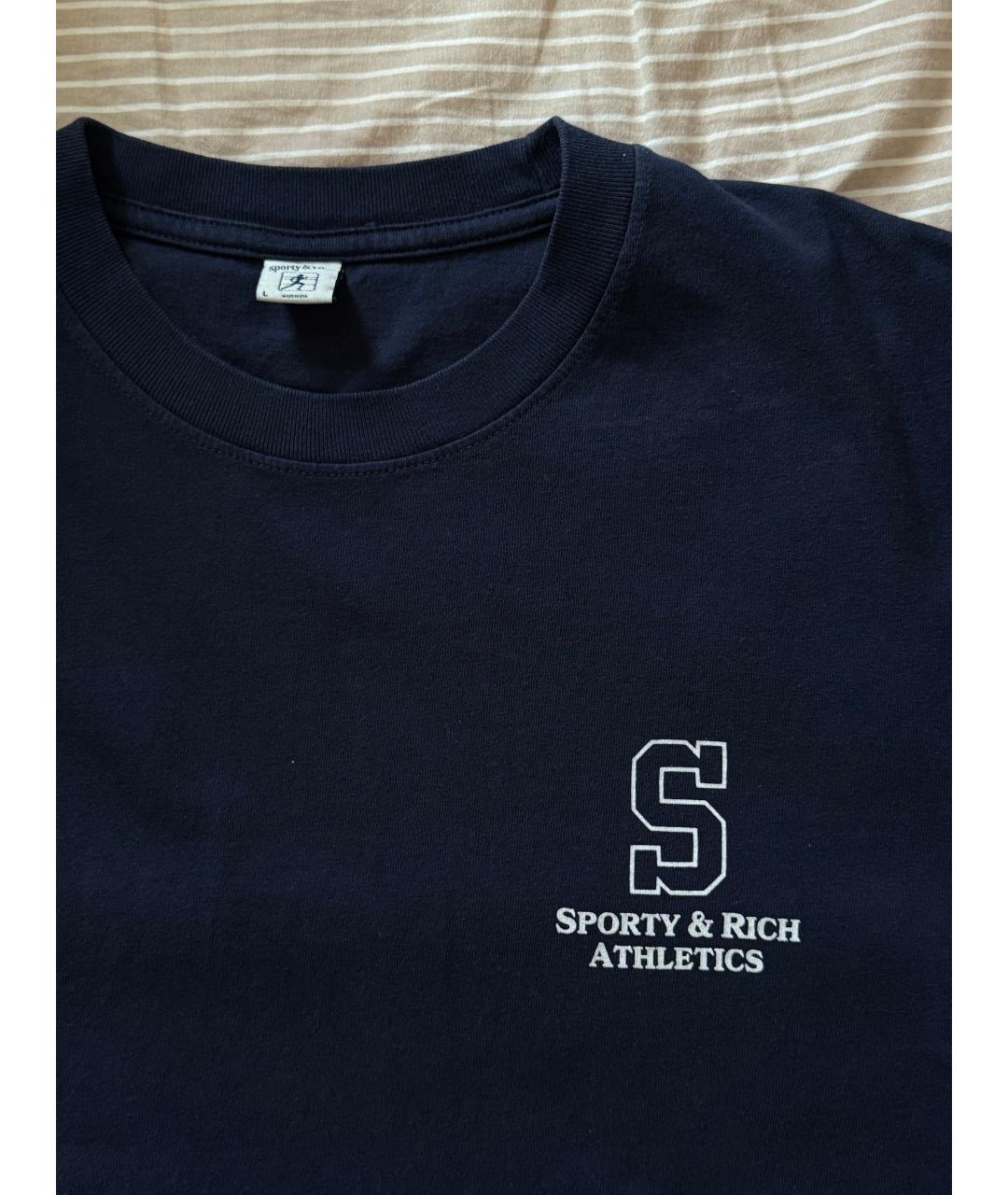 SPORTY AND RICH Темно-синяя хлопковая футболка, фото 5