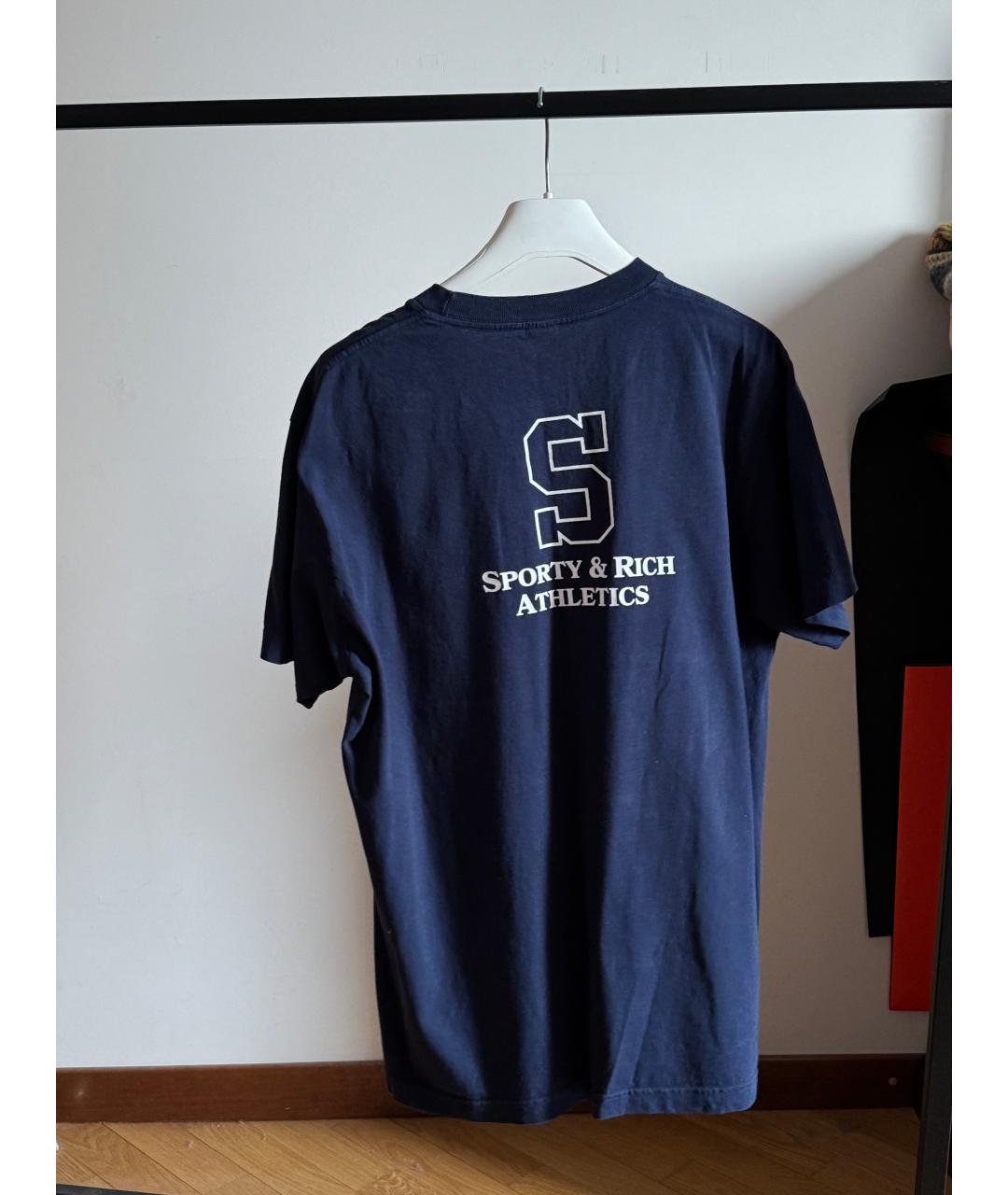SPORTY AND RICH Темно-синяя хлопковая футболка, фото 4