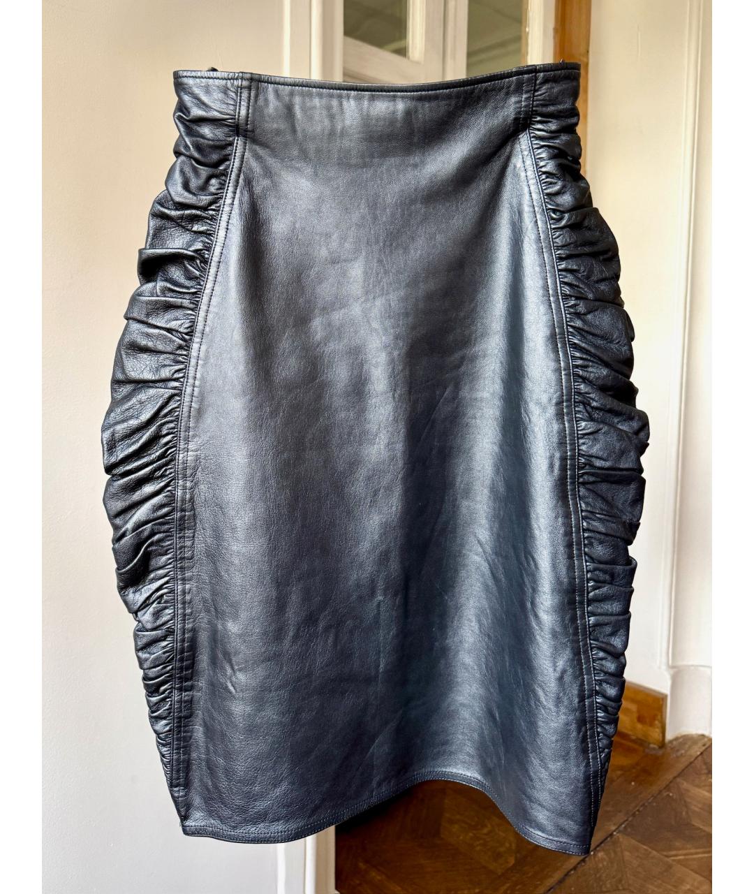 UNGARO Черная кожаная юбка миди, фото 7