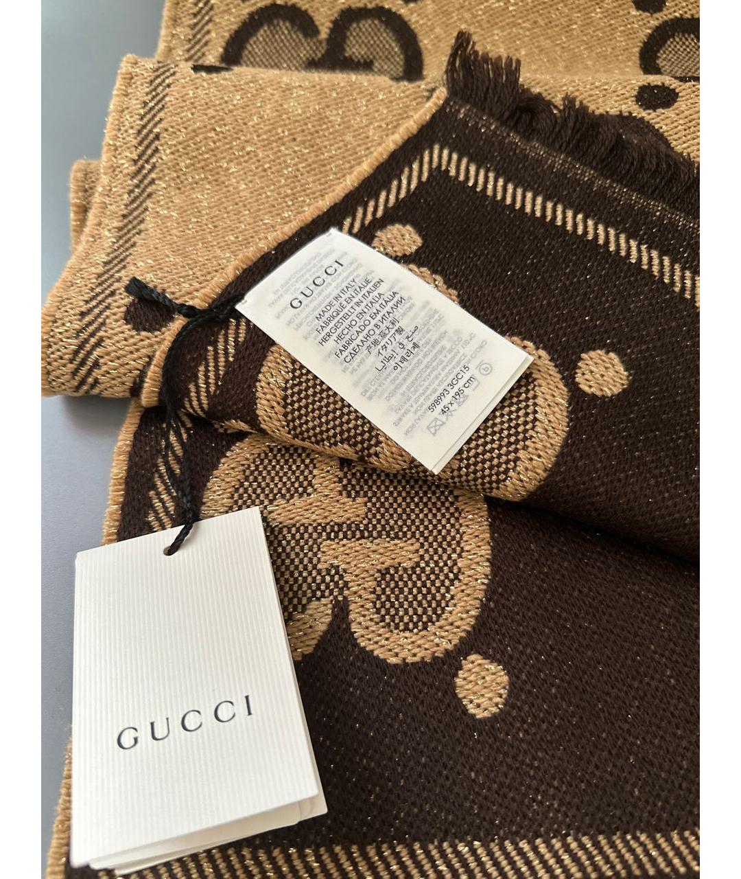 GUCCI Коричневый шерстяной шарф, фото 7