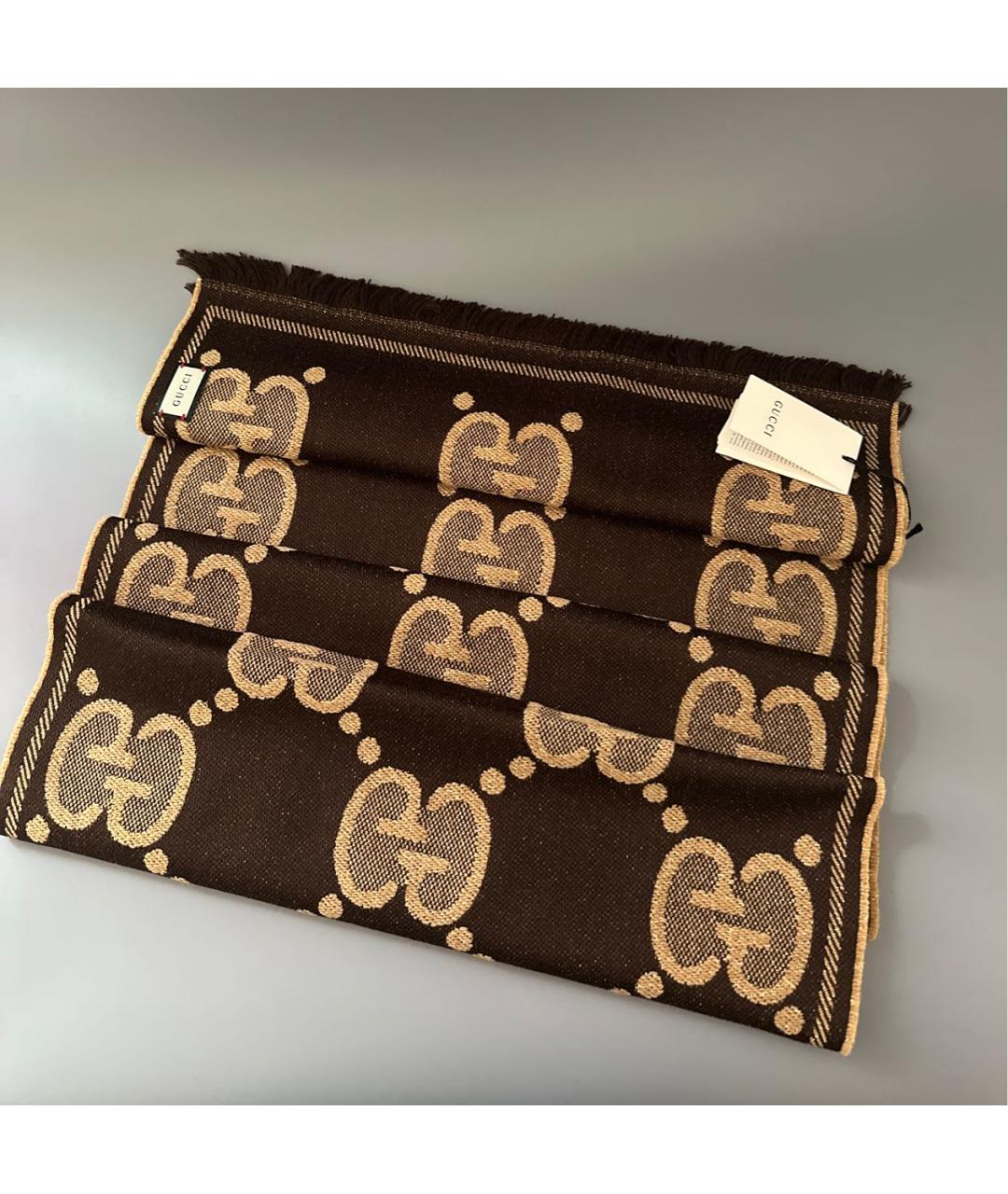 GUCCI Коричневый шерстяной шарф, фото 3