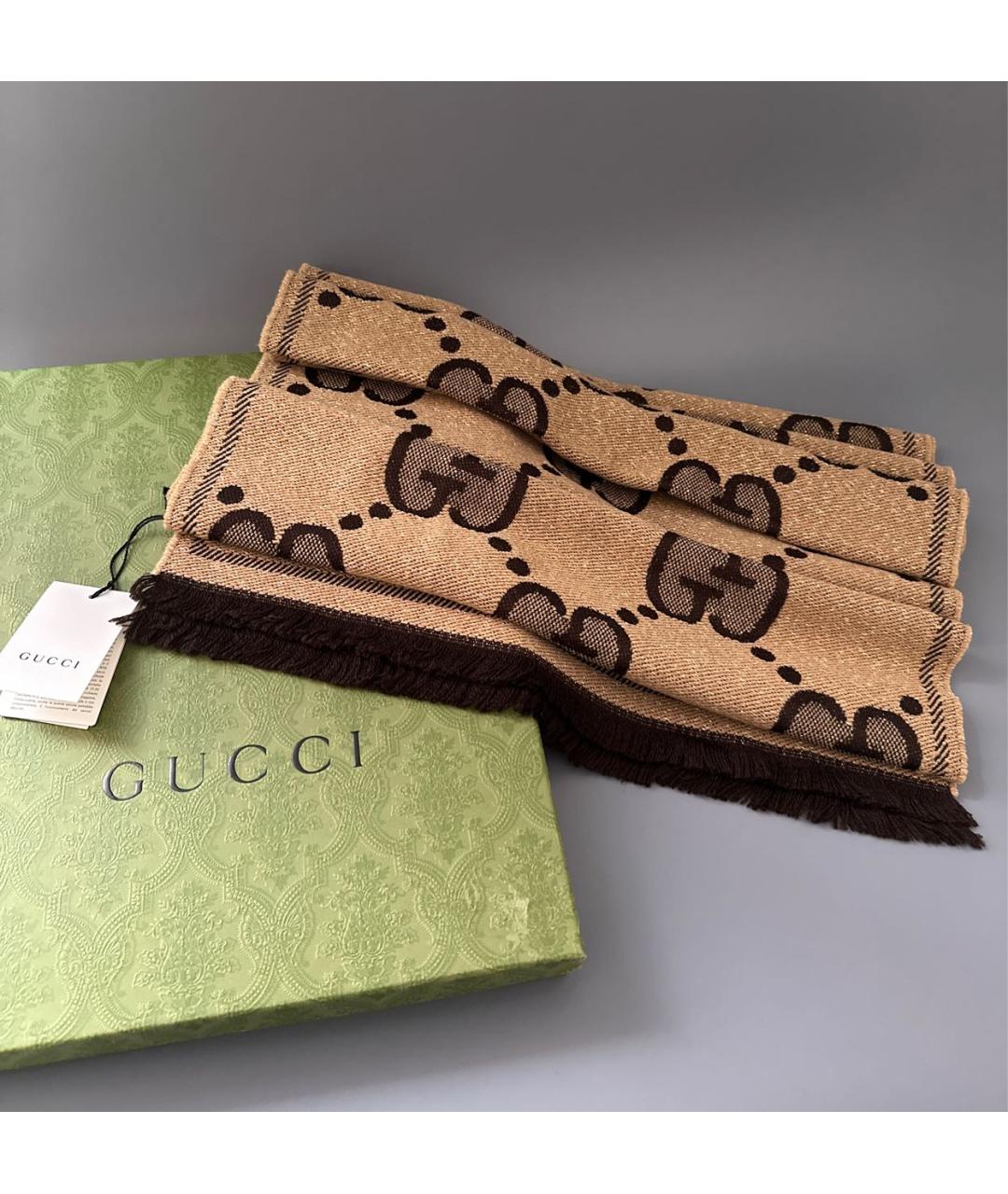 GUCCI Коричневый шерстяной шарф, фото 2