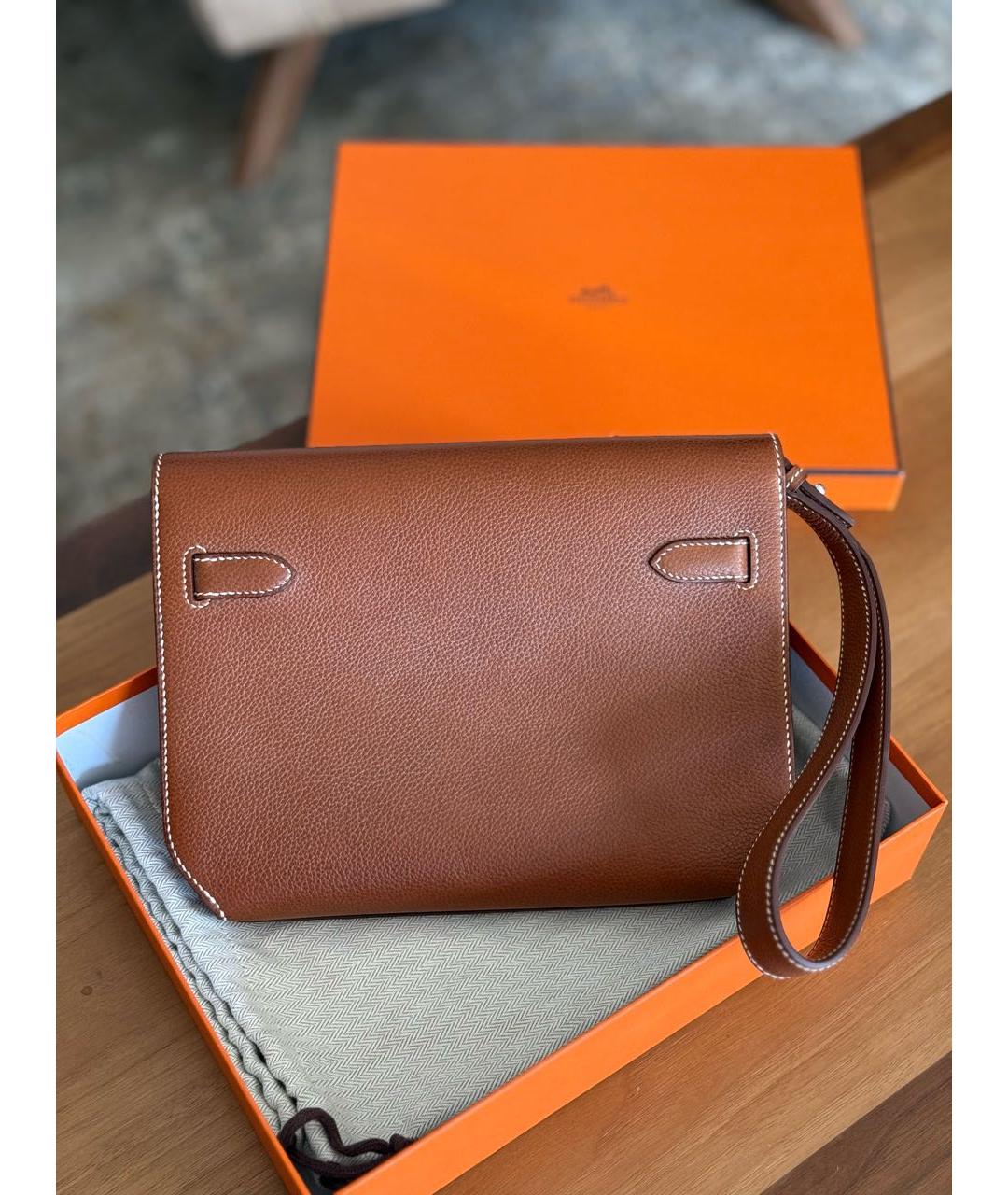 HERMES Коричневая кожаная барсетка, фото 8
