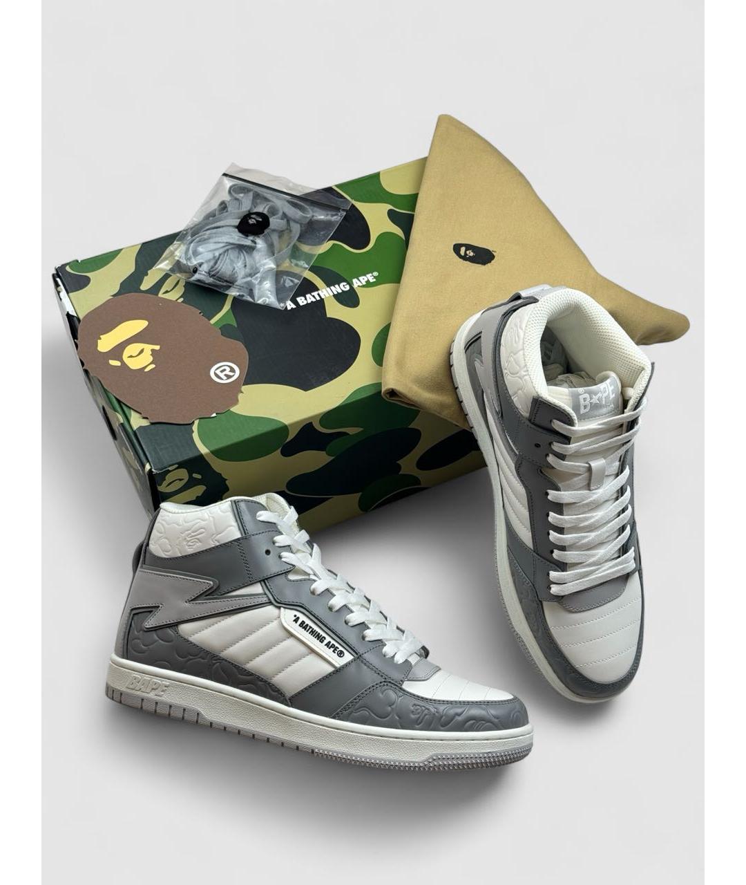 BAPE Серые кожаные высокие кроссовки / кеды, фото 2
