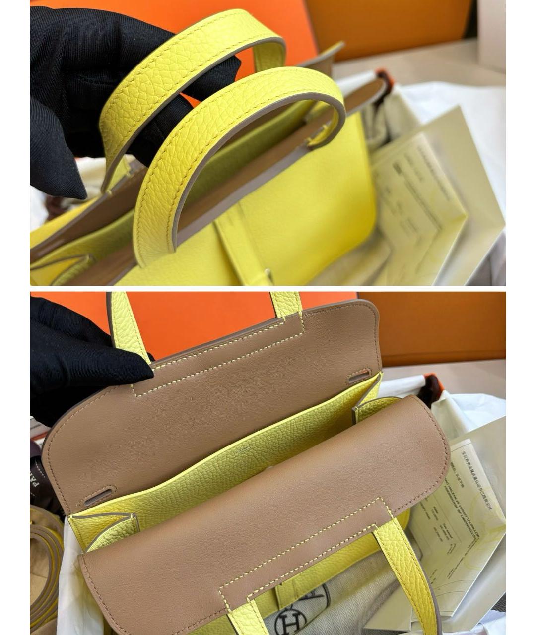 HERMES Желтая кожаная сумка тоут, фото 7