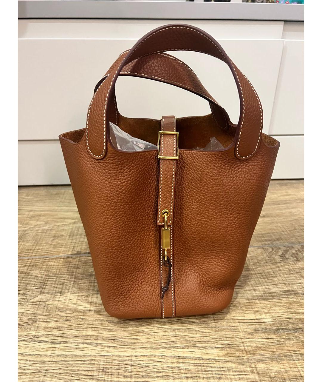 HERMES Коричневая кожаная сумка с короткими ручками, фото 6