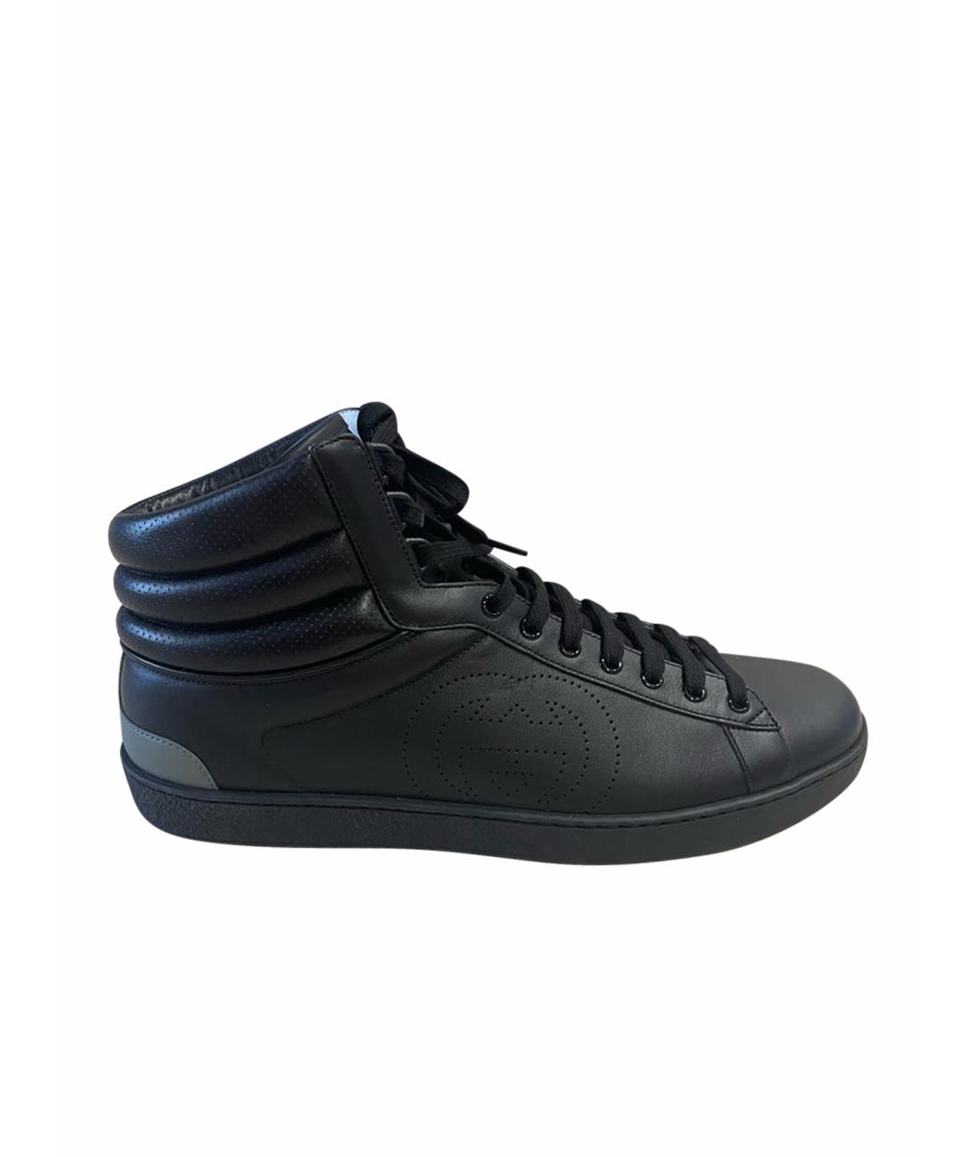 GUCCI Черные кожаные высокие кроссовки / кеды, фото 1
