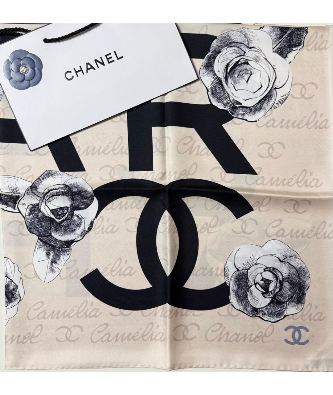 CHANEL Бежевый шелковый платок, фото 7