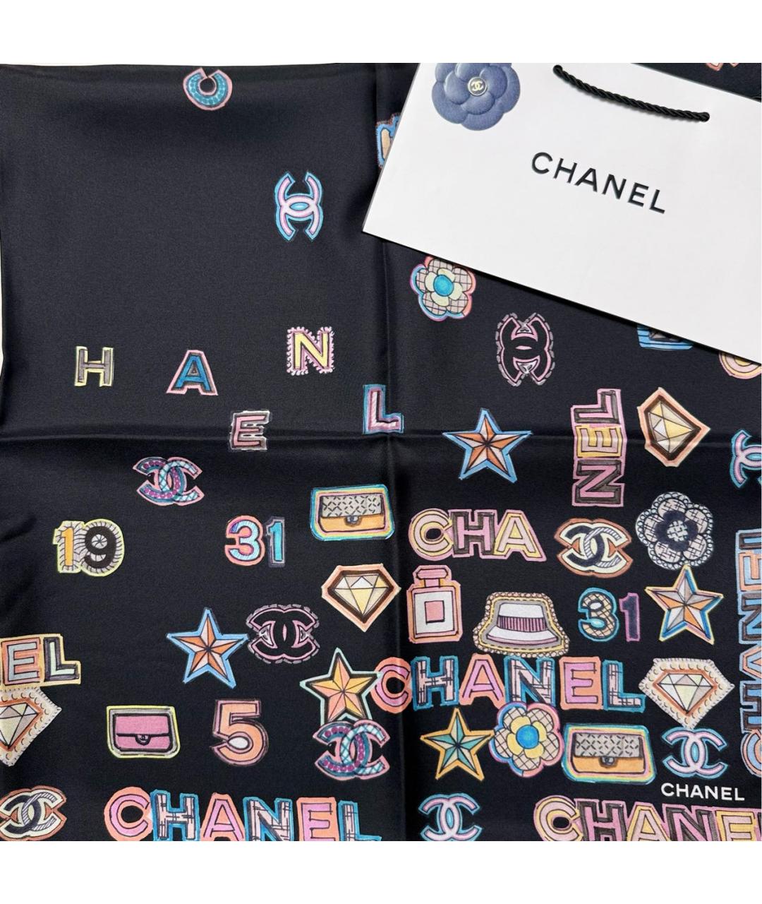 CHANEL Черный шелковый платок, фото 7
