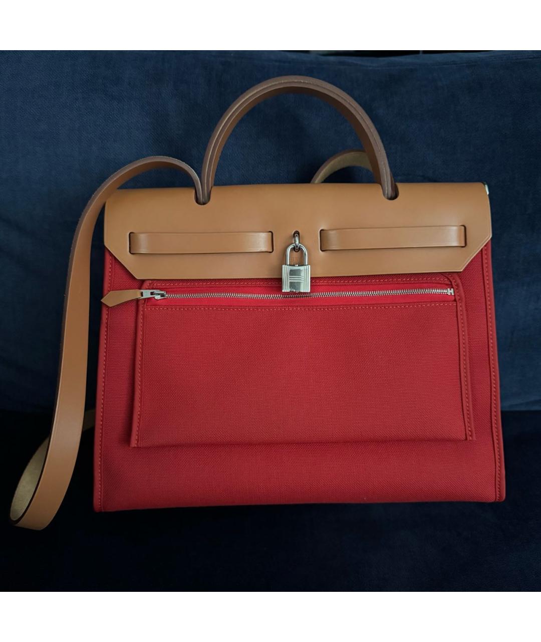 HERMES Красная тканевая сумка с короткими ручками, фото 3