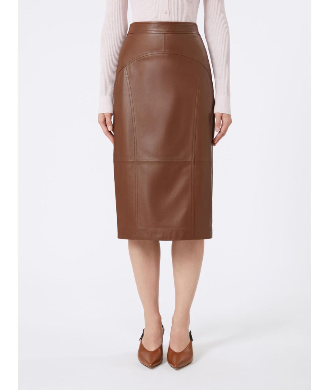 MAX MARA STUDIO Коричневая кожаная юбка миди, фото 4