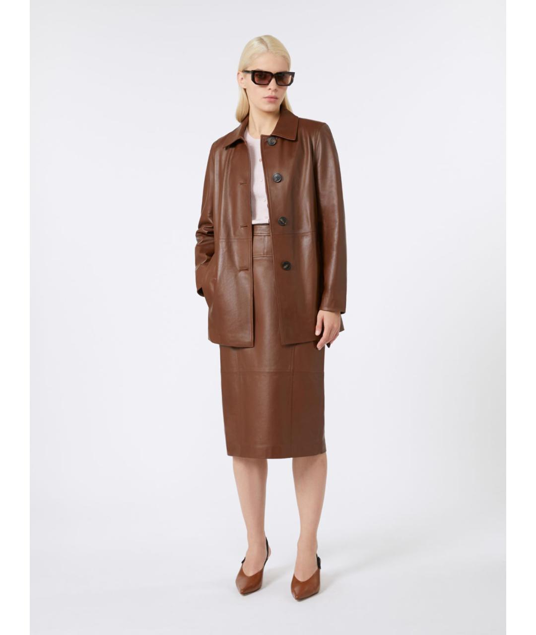 MAX MARA STUDIO Коричневая кожаная юбка миди, фото 2