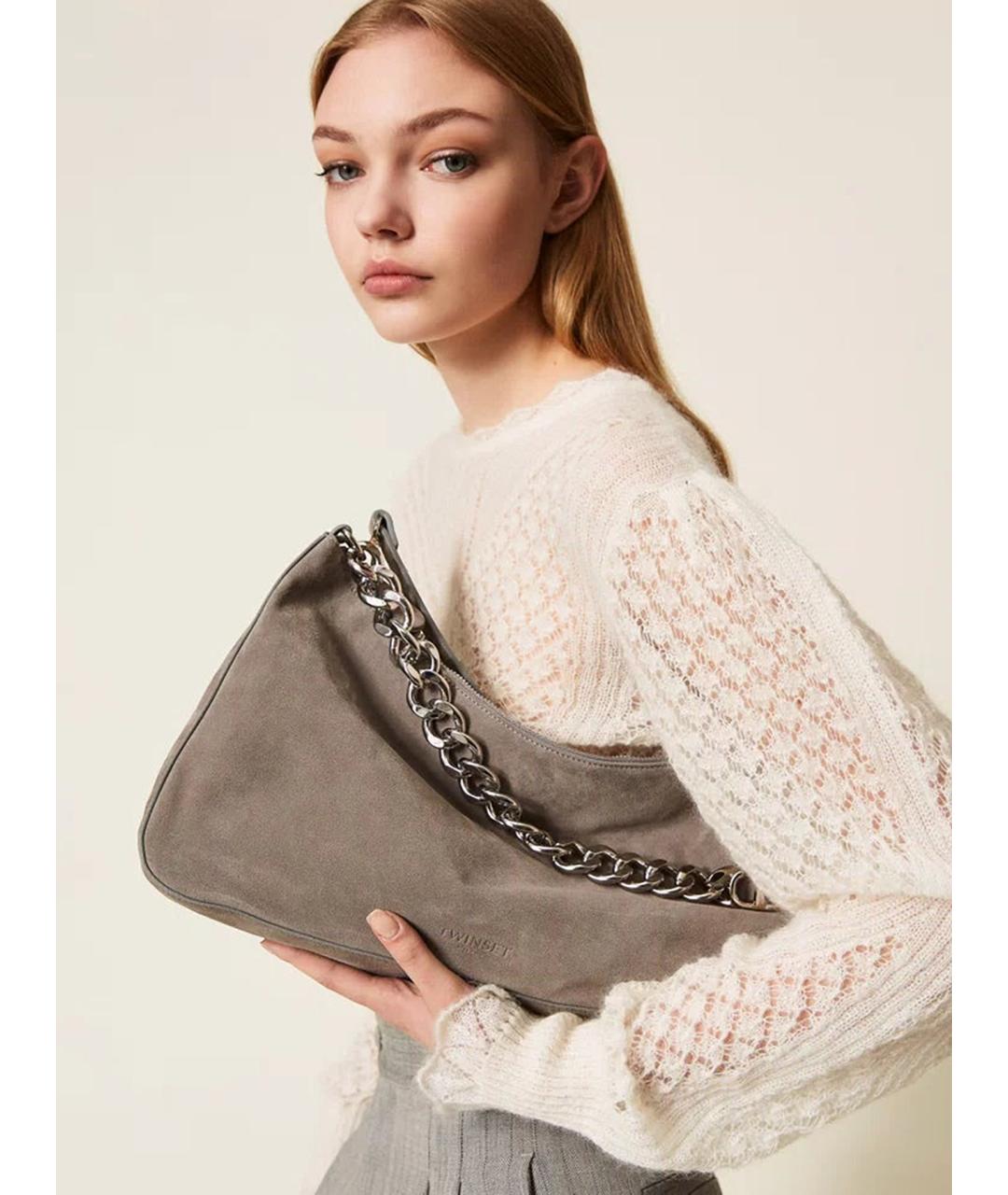 TWIN-SET Серая замшевая сумка через плечо, фото 2