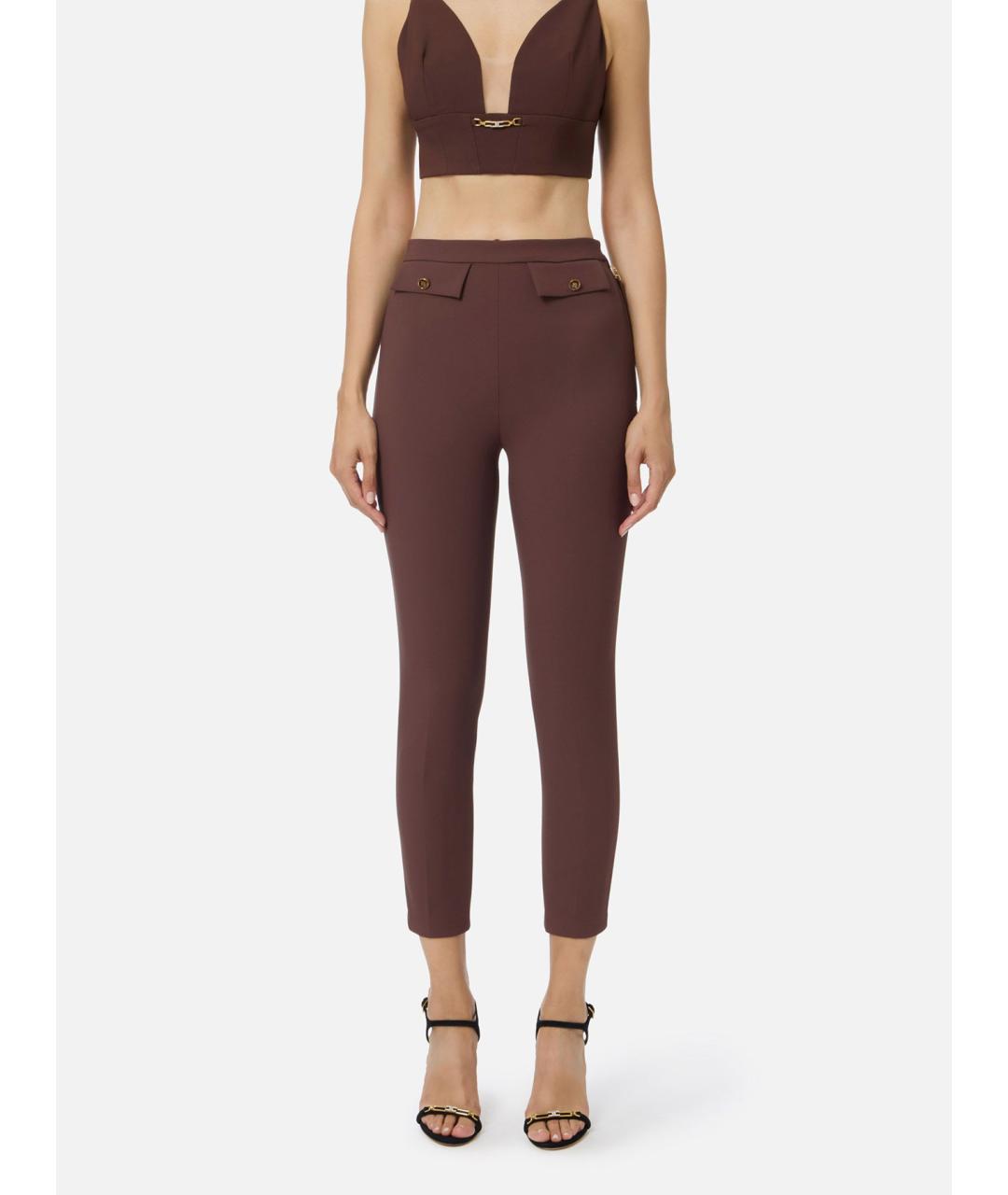 ELISABETTA FRANCHI Коричневые полиэстеровые прямые брюки, фото 2
