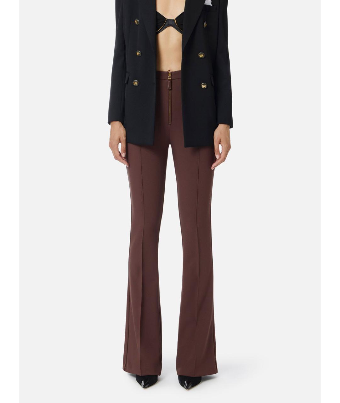 ELISABETTA FRANCHI Коричневые полиэстеровые прямые брюки, фото 2