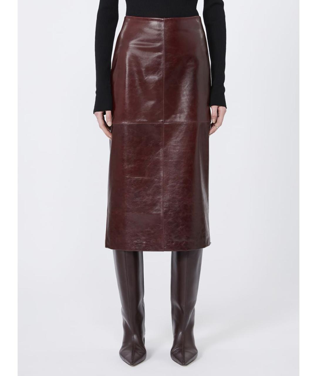 SPORTMAX Бордовая кожаная юбка миди, фото 2