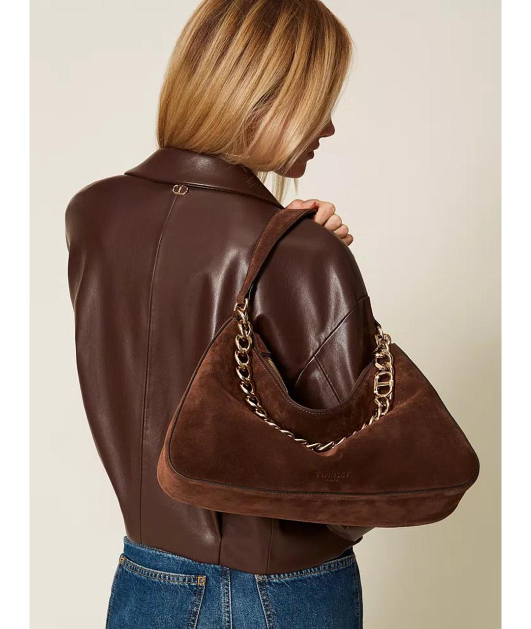 TWIN-SET Коричневая замшевая сумка с короткими ручками, фото 2
