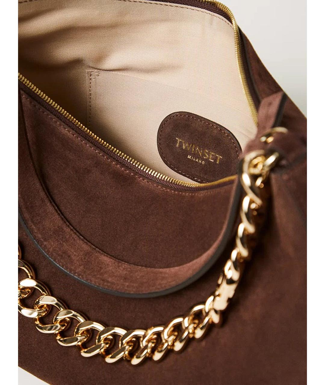 TWIN-SET Коричневая замшевая сумка с короткими ручками, фото 5