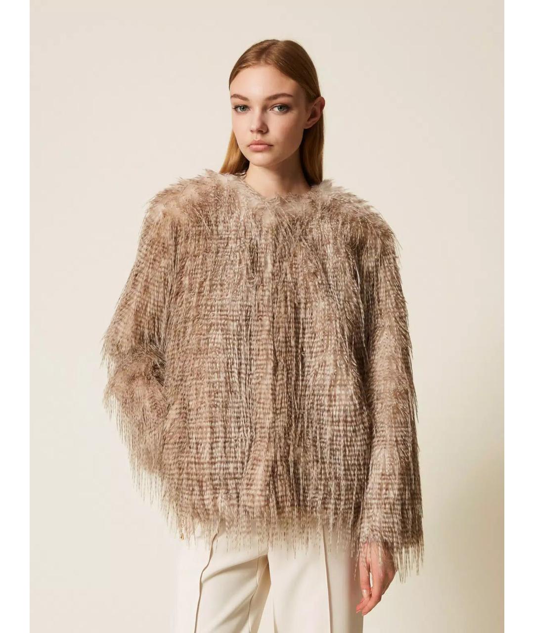 TWIN-SET Коричневая полиэстеровая шуба, фото 3