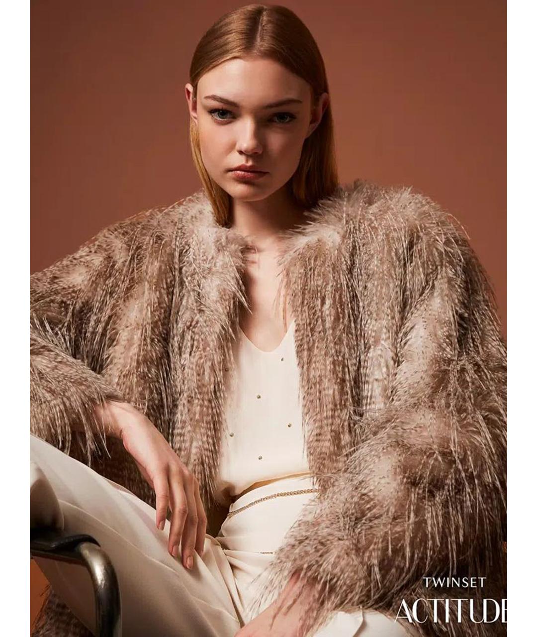 TWIN-SET Коричневая полиэстеровая шуба, фото 7