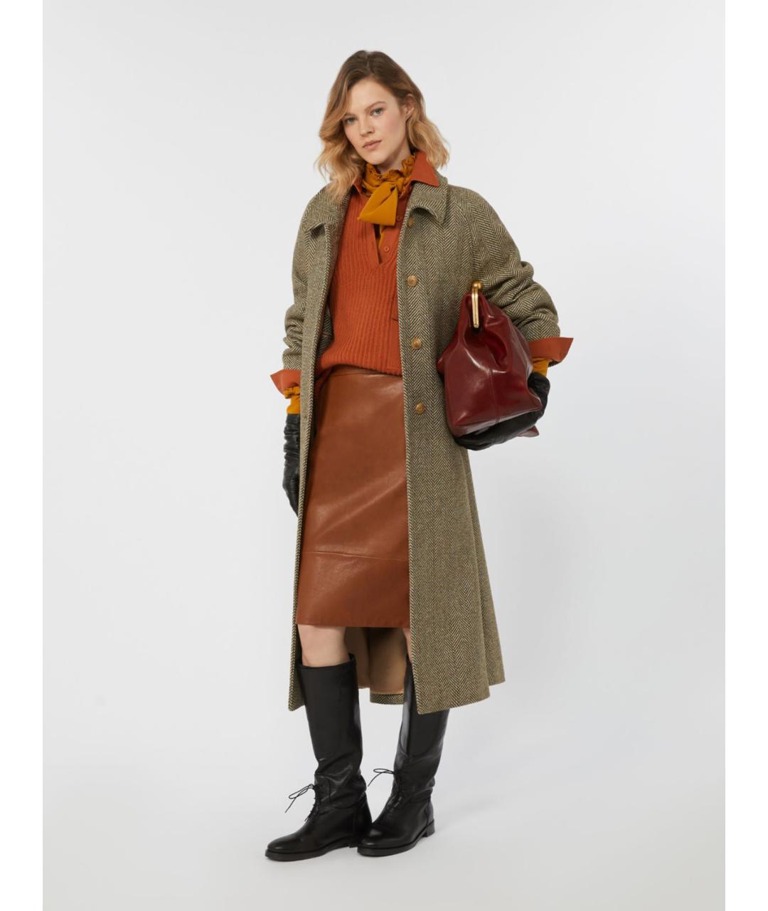 WEEKEND MAX MARA Коричневая кожаная юбка миди, фото 2