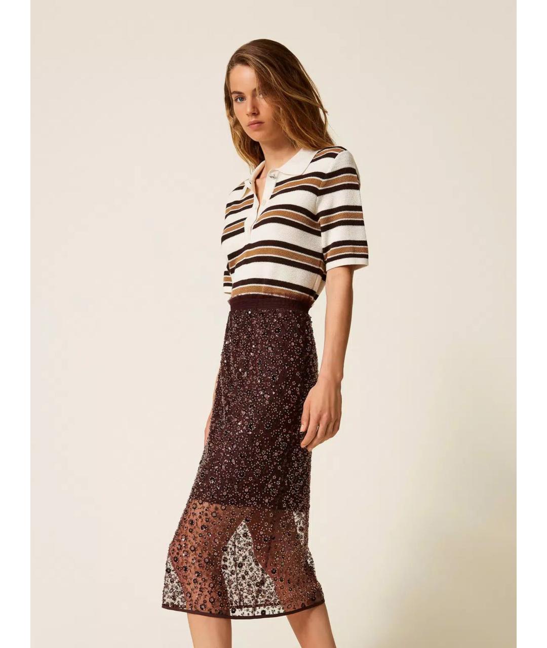 TWIN-SET Коричневая полиэстеровая юбка миди, фото 4