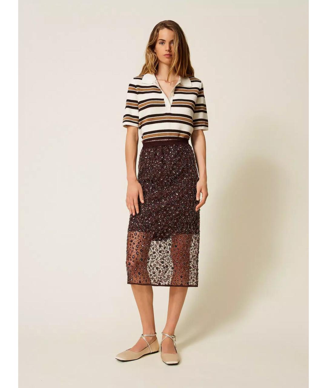 TWIN-SET Коричневая полиэстеровая юбка миди, фото 3