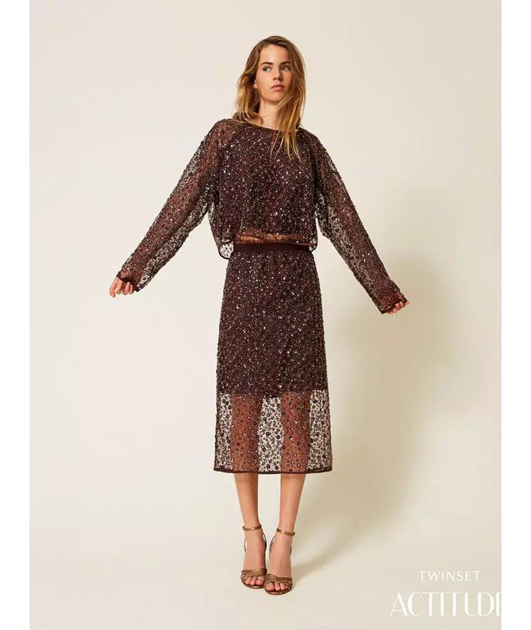 TWIN-SET Коричневая полиэстеровая юбка миди, фото 2