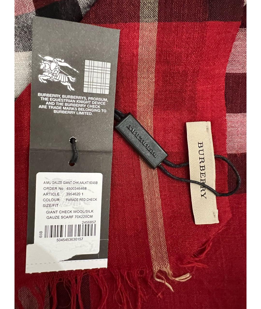 BURBERRY Красный шерстяной шарф, фото 4