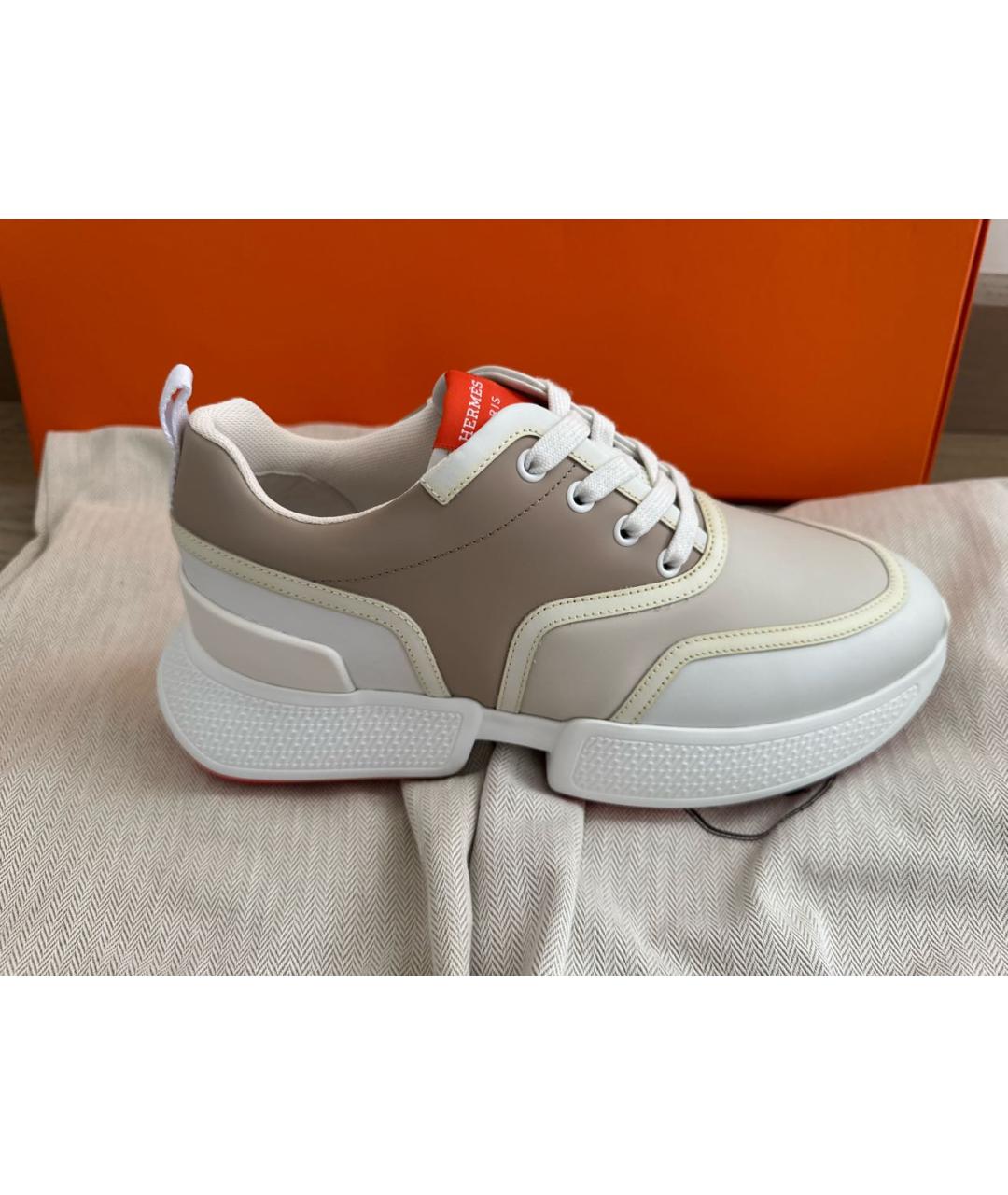 HERMES Бежевые кожаные кроссовки, фото 6