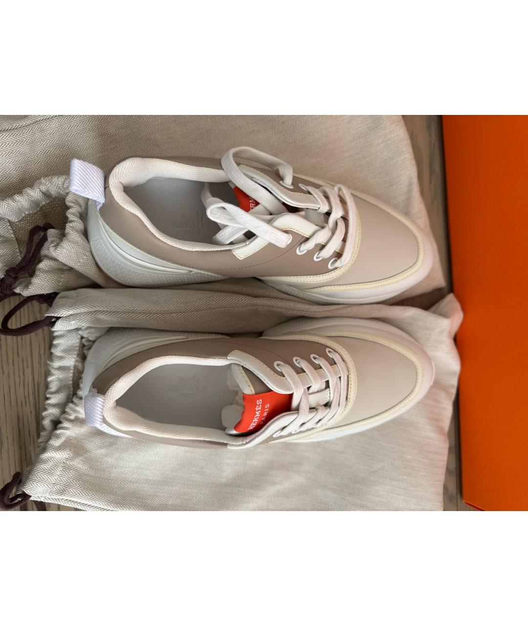 HERMES Бежевые кожаные кроссовки, фото 4