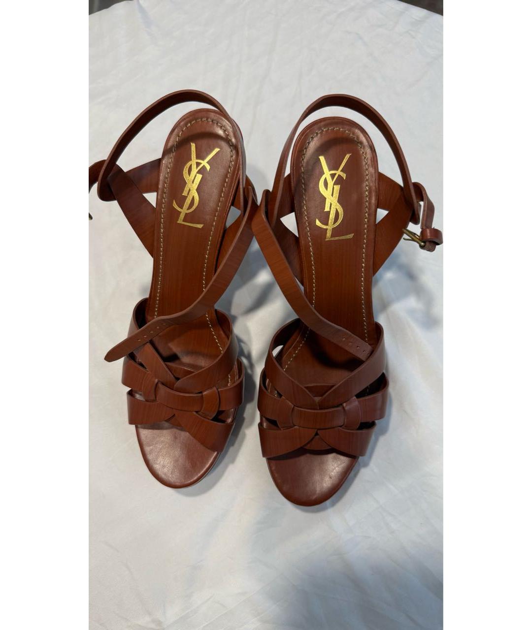 SAINT LAURENT Коричневые кожаные босоножки, фото 2