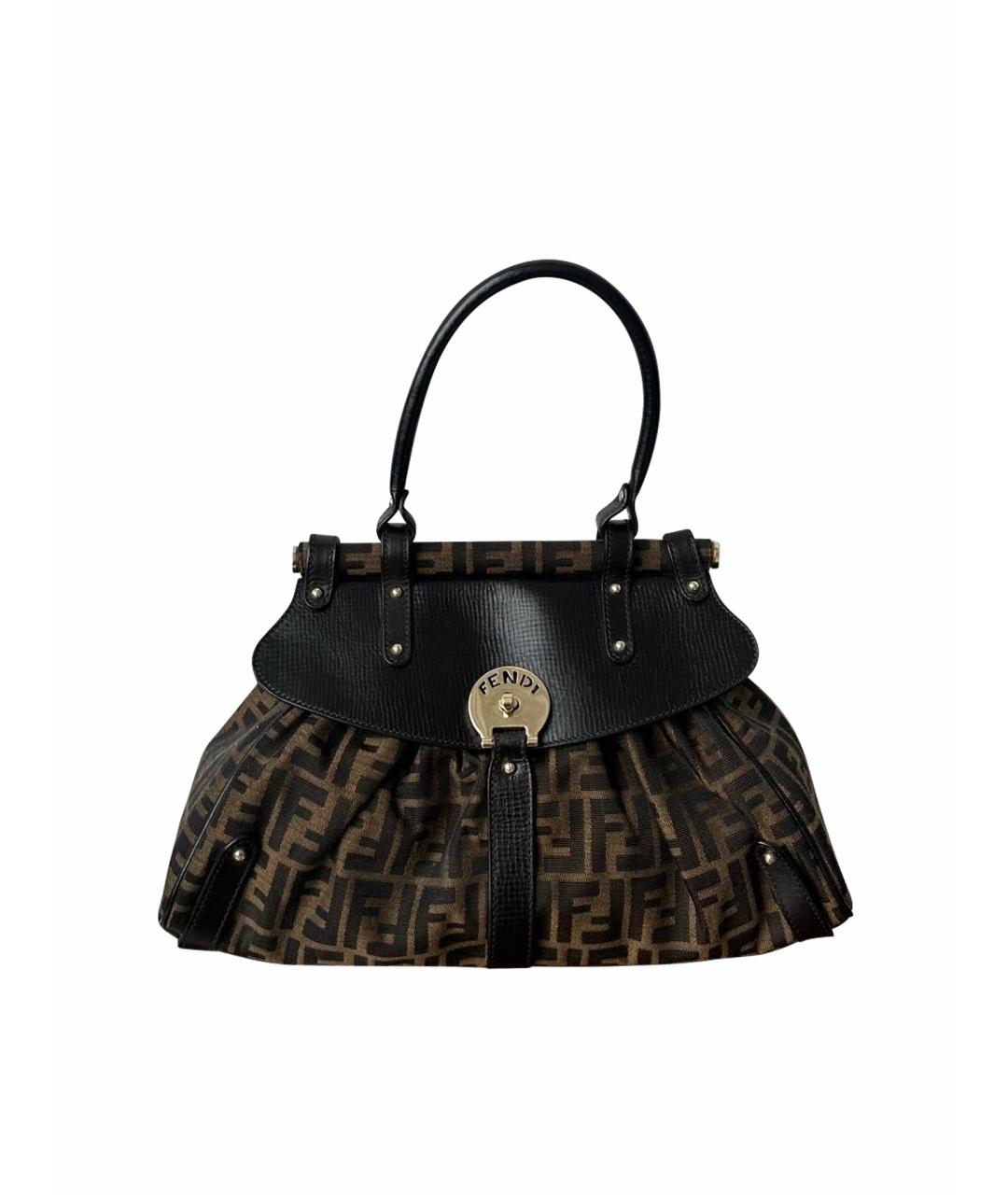 FENDI Коричневая тканевая сумка с короткими ручками, фото 1