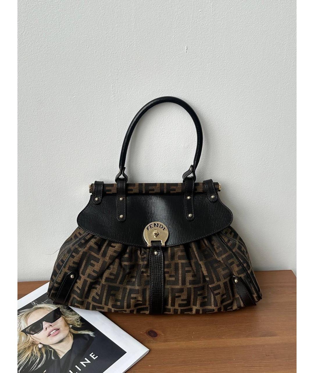 FENDI Коричневая тканевая сумка с короткими ручками, фото 9