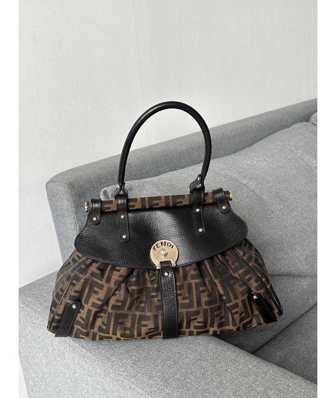 FENDI Коричневая тканевая сумка с короткими ручками, фото 7