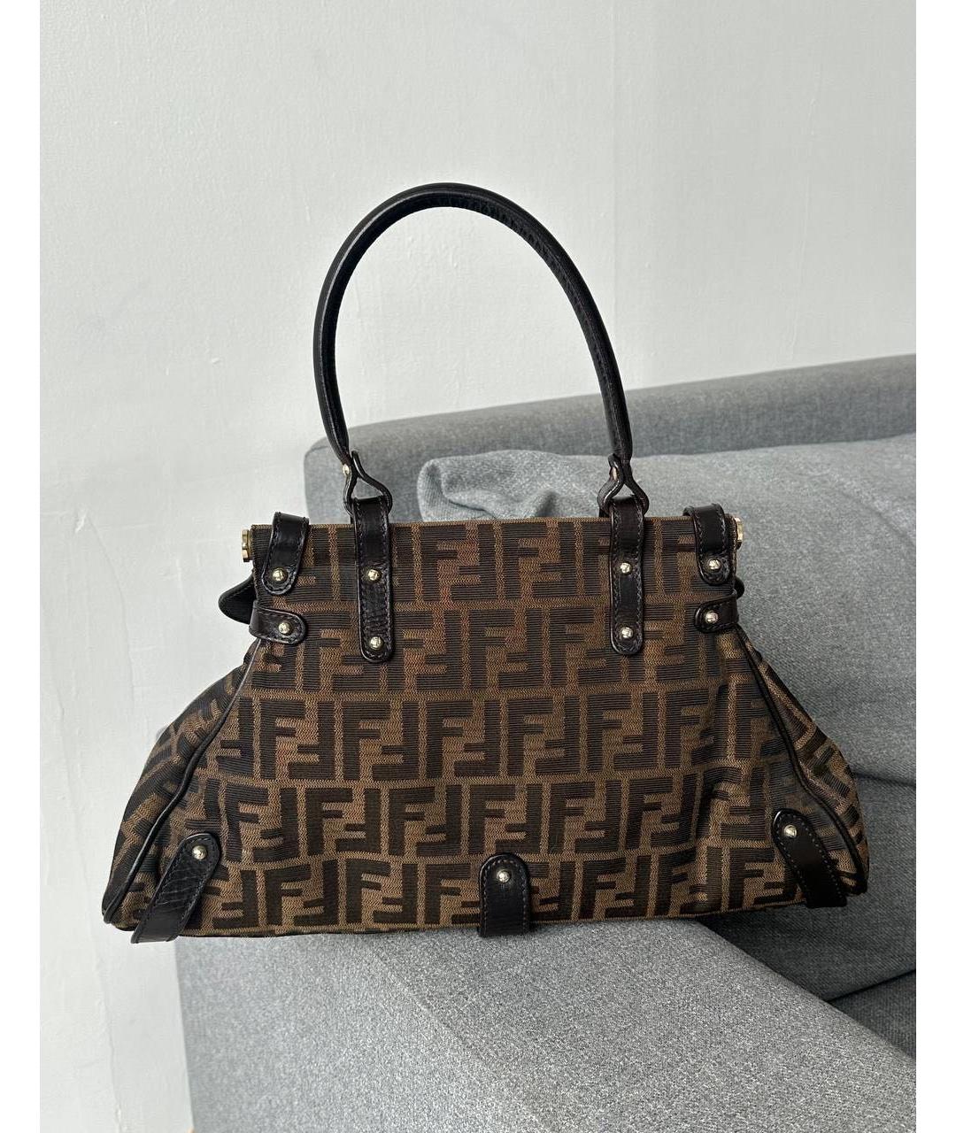 FENDI Коричневая тканевая сумка с короткими ручками, фото 8