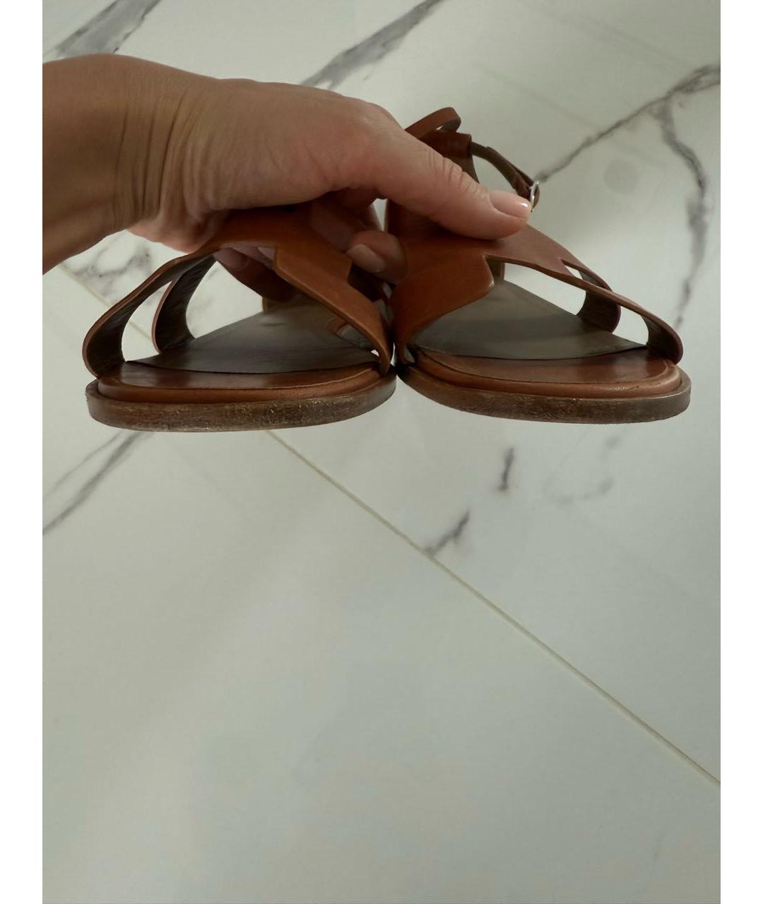 HERMES Коричневые кожаные босоножки, фото 6