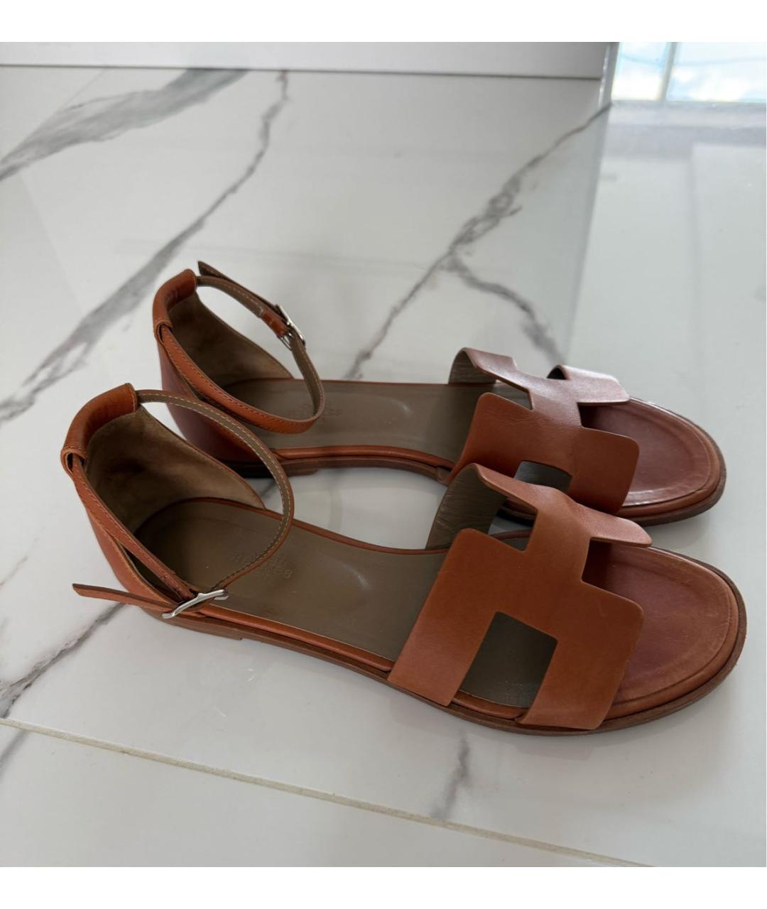 HERMES Коричневые кожаные босоножки, фото 9