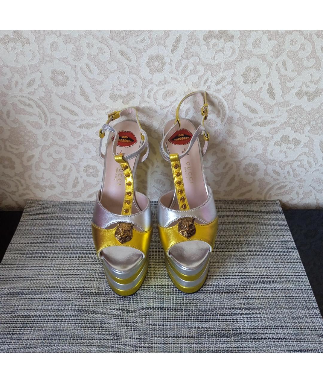 GUCCI Золотые кожаные босоножки, фото 2