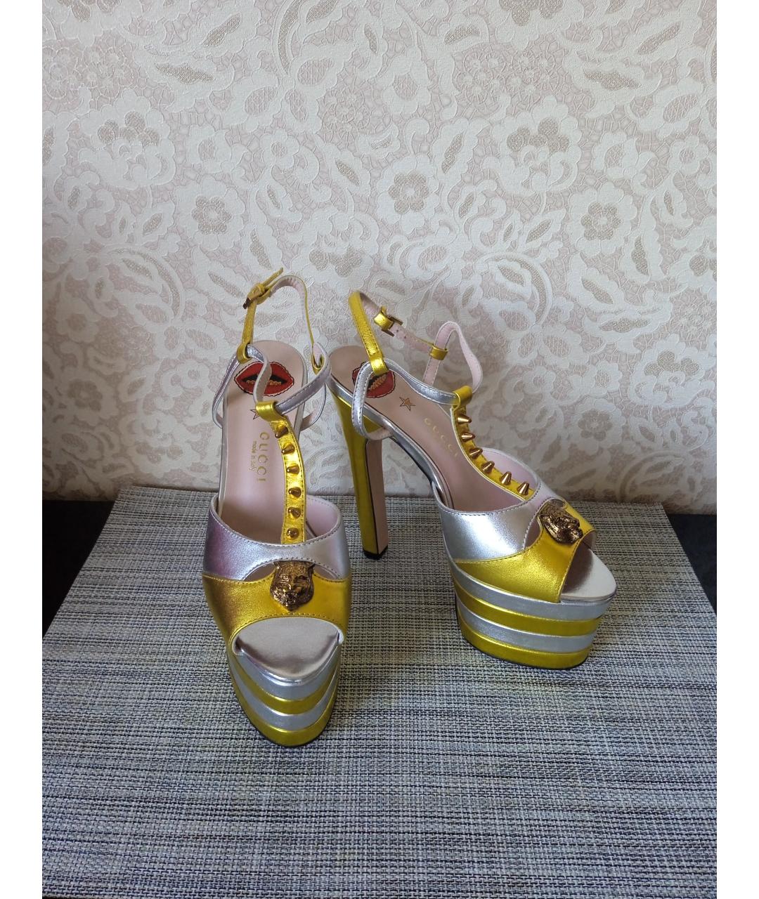 GUCCI Золотые кожаные босоножки, фото 7